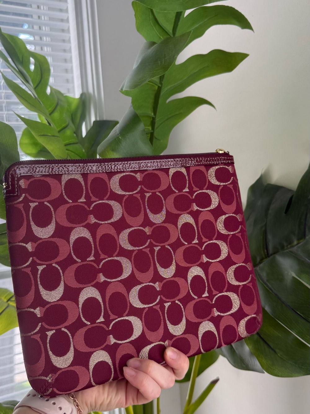 Coach Signature Burgundy and Metallic Zip Pouch